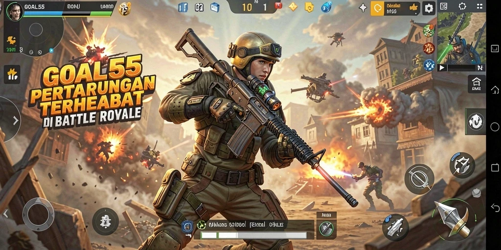 Tampilan gameplay GOAL55 yang menegangkan dalam arena Battle Royale.