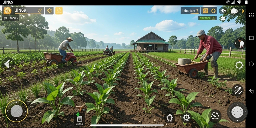 Screenshot gameplay JIN69 menampilkan aktivitas bertani yang seru.