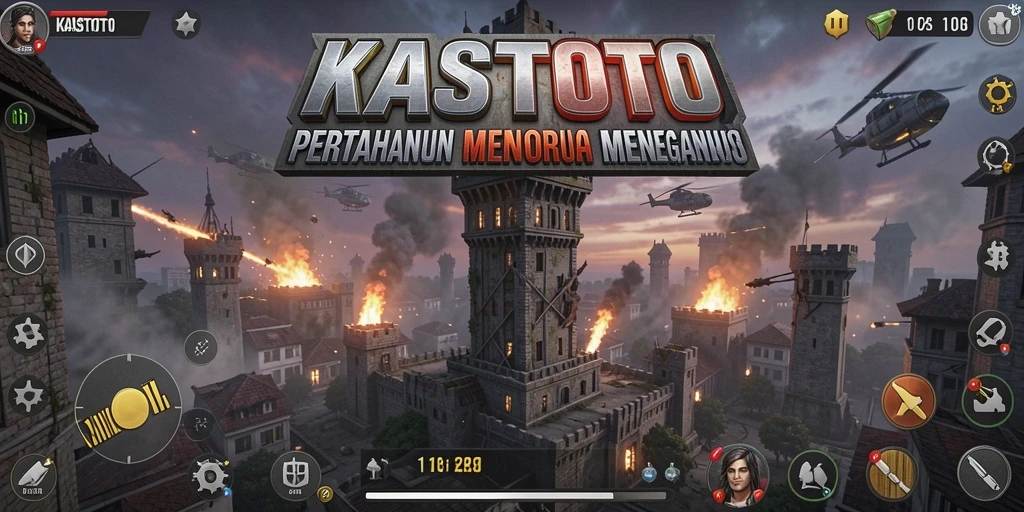 Tampilan gameplay menegangkan dalam KASTOTO dengan menara pertahanan yang aktif.