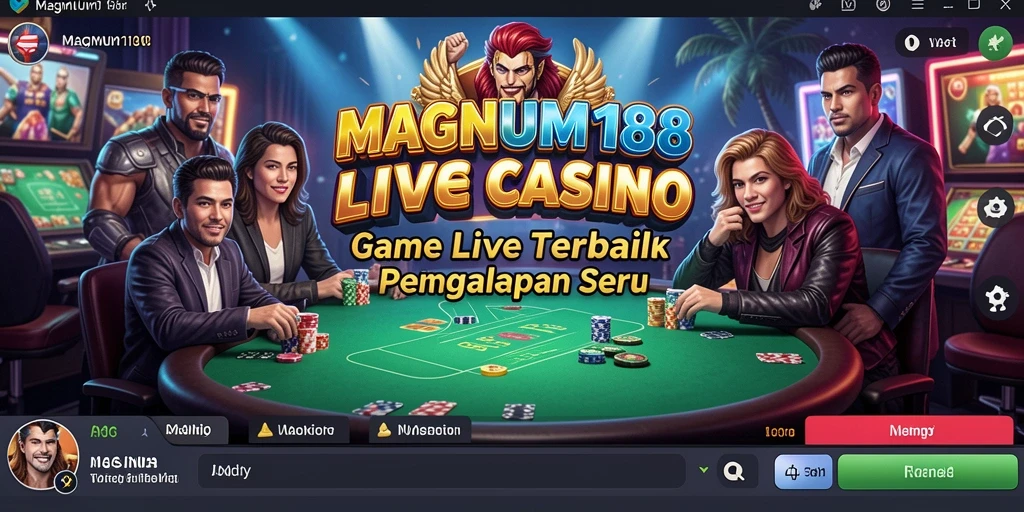 Screenshot gameplay MAGNUM188 menampilkan dealer Live Casino dan suasana bermain yang seru.