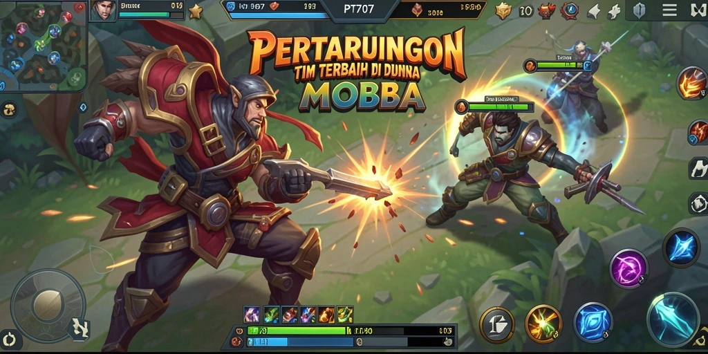 Screenshot gameplay PT707 menampilkan aksi pertempuran seru di arena MOBA.