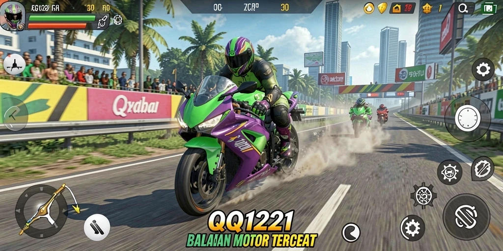 Gameplay seru QQ1221 dengan balapan motor yang mendebarkan.