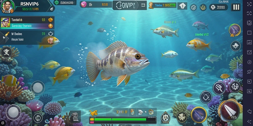 Screenshot RSNVIP6 menampilkan aksi seru menembak ikan di bawah laut.